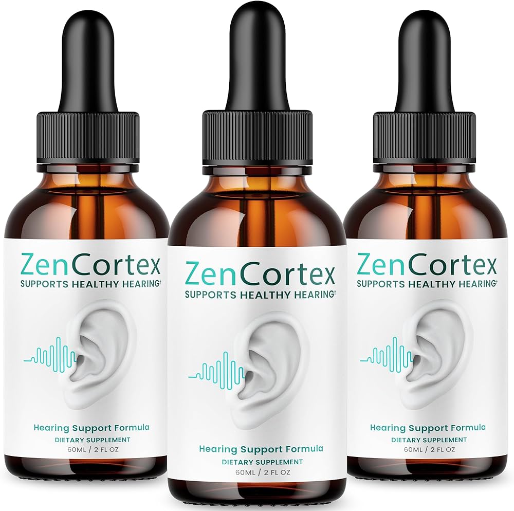 ZenCortex review - natural hearing supplement bottle with person showing improved hearing