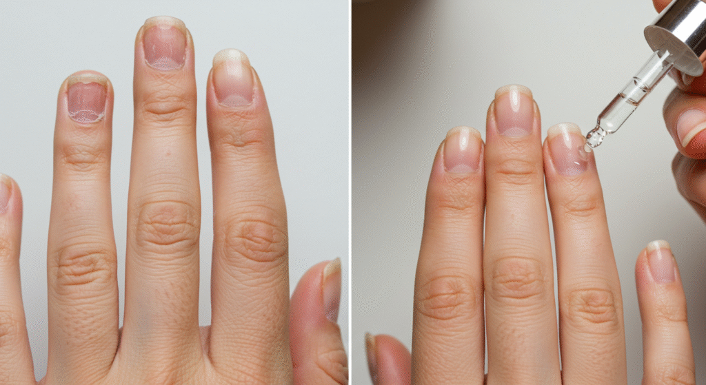 Before and after results from implementing 7 healthy habits for stronger nails showing remarkable improvement in nail strength and appearance